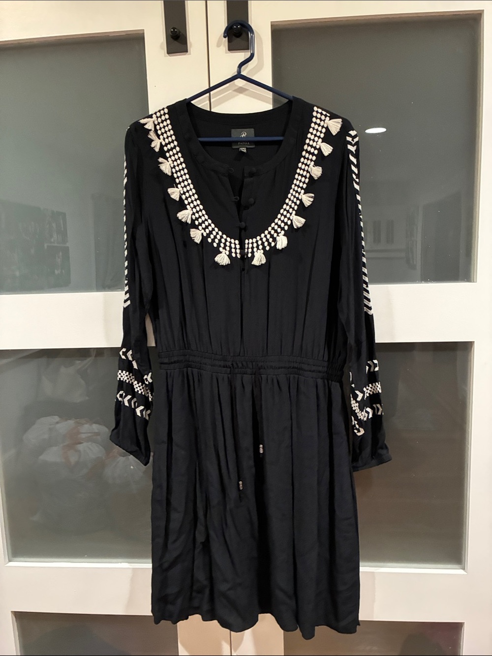 Adrianna Papell Black Long-Sleeve Embroidered Tassel Dress